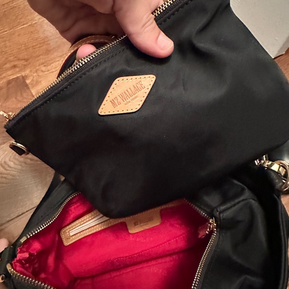 MZ WALLACE Black Nylon Crossbody Large Tote Bag with Small Zip Bag & Red Lining - Picture 4 of 13
